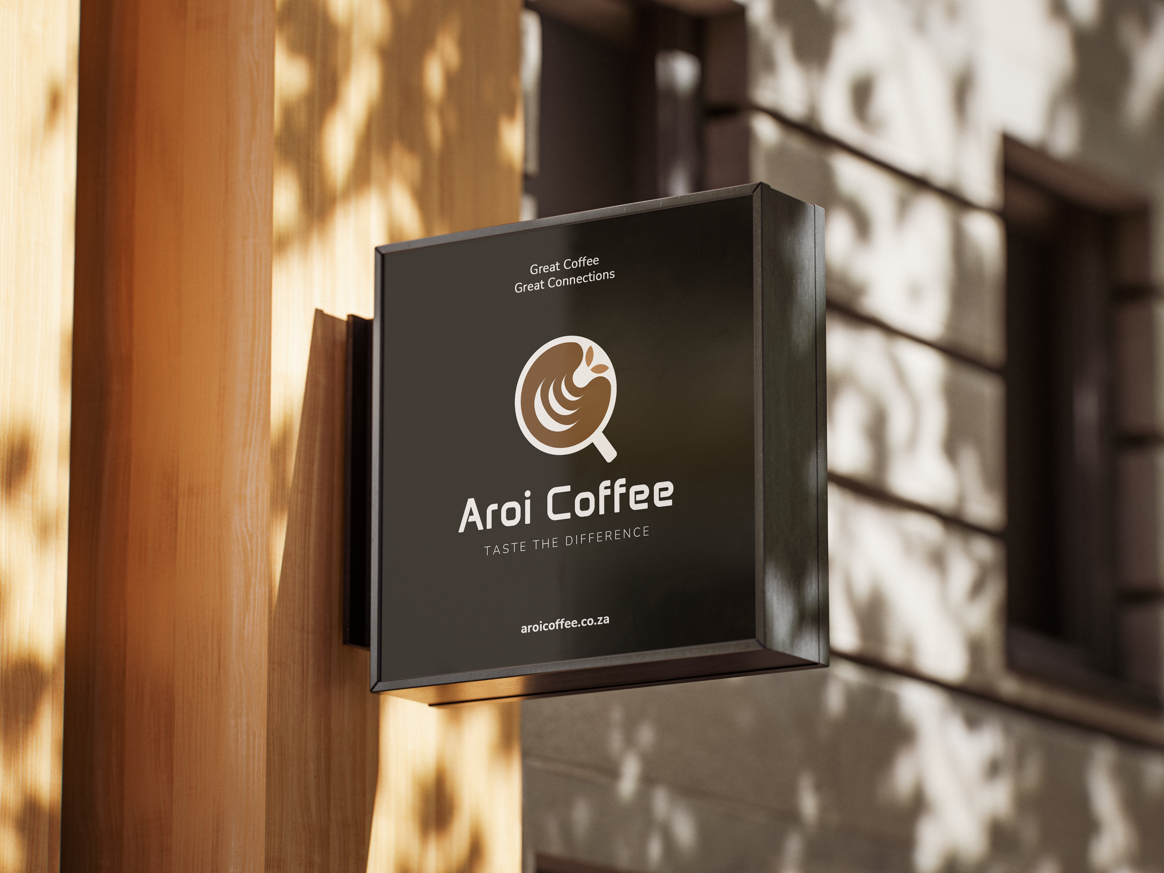 Aroi Coffee signboard mockup outside an office building
